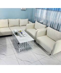 Bộ Sofa nệm da Simili màu trắng (1 băng dài, 2 ghế, 1 bàn mặt đá Ceramic trắng)